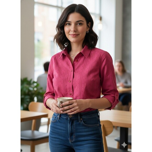 Koret Women’s Pink Textured Dotted Stripe Button Front Long Sleeve Shirt Size S - Picture 1 of 8